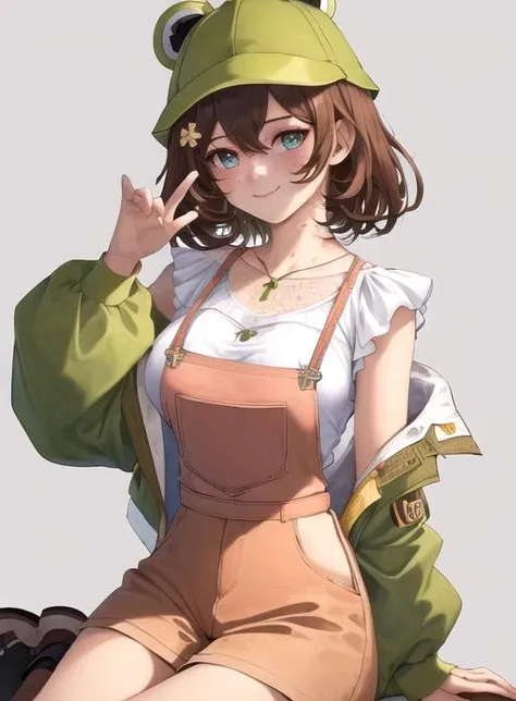 best quality, (masterpiece),(ultra-detailed), (high quality), (high resolution), <lora:sirivt-10:0.7>,1girl, brown hair, freckles, green jacket, hair between eyes, hair ornament, hat, jewelry, looking at viewer, multiple girls, overalls, shoes, short hair, simple background, sirivt, smile, solo, upper body, white shirt