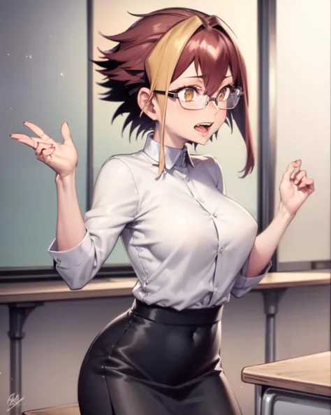 <lyco:MarleBarrock-NAI-LyCORIS:0.9>
1girl, solo, marle_barrock, white blouse, pencil_skirt, glasses, lecturing in classroom