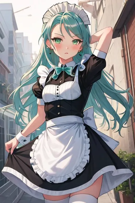 best quality, masterpiece, highres, solo, {maid:1.40}, {long maid dress:1.15}, {hikawa_sayo_bangdream:1.15}, green_eyes, aqua_hair, long_hair, bangs, blush, jewelry