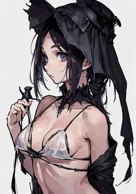 Bloodborne,1girl:1,bikini:1.2,solo:1,near a river:1.1 <lora:Bloodborne-000075:0.8>,look at viewer:1.2,white background:1.2,simple background:1