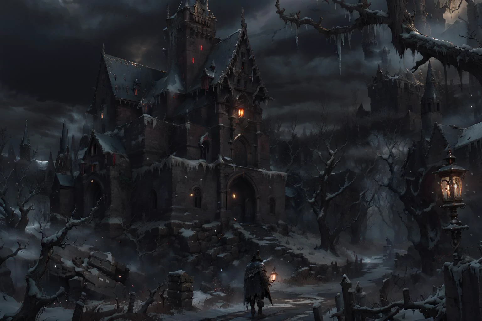 Bloodborne,<lora:Bloodborne:0.6>,(gothic castle:1.2),man,With a lantern in his hand.,Hunter,solo,crumbling architecture,studio lighting,decaying gargoyles,dead vines cling to stone,silhouette of lone hunter stands upon ramparts,tattered cloak flickering in icy wind,Shocking contrast of light and shade,