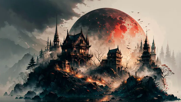 (red theme:1.1),(dark theme:1.1),(night, fog, dystopia, lake, burning hell, despair:1.1),(red moon:1 2),(Ultra-detail:1.3),(highres:1.1),best quality,(masterpiece:1.3),(cinematic lighting:1.2),
BREAK,(wide shot:1.1),(HDR:1.1),(RTX:1.1),
BREAK,(robe:1.1),(legwear:1.1),boot,(from away:1.2),(far:1.2),
BREAK,<lora:Bloodborne:0.4>,Bloodborne,
BREAK,<lora:ink-0.1-3-b28-bf16-D128-A1-1-ep64-768-DAdaptation-cosine:0.7>,(ink:1.1),
