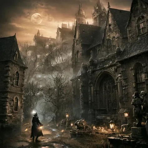 victorian graveyard at (night:1.1), dark, moonlight, detailed scene, Bloodborne, death, decay, skulls on the ground, little ghost spirits, victorian buildings in the background, (gothic:1.2), hunter, hunter's dream, caelid, dark souls, horror game style, paleblood moon, yharnam, great old ones, cosmic horror BREAK (hundreds of little ghost spirits, tiny ghosts, specters:1.3) BREAK death, decay, skulls on the ground, (the ground is made from countless skulls:1.1) BREAK 32k art of a hunter from Bloodborne, hunter's dream, high resolution, best quality <lora:Bloodborne-000075:1.0> Bloodborne