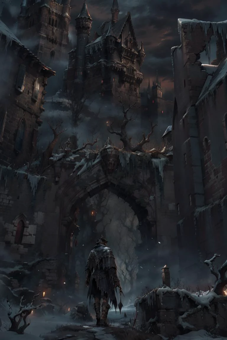 Bloodborne,<lora:Bloodborne:0.6>,(gothic castle:1.2),man,Hunter,solo,crumbling architecture,decaying gargoyles,dead vines cling to stone,silhouette of lone hunter stands upon ramparts,tattered cloak flickering in icy wind,