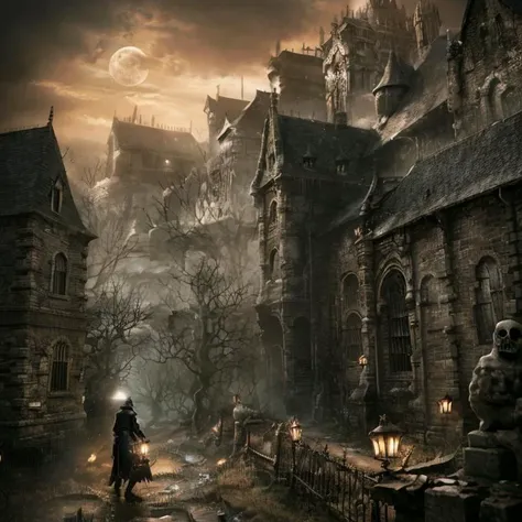 victorian graveyard at (night:1.1), dark, moonlight, detailed scene, Bloodborne, death, decay, skulls on the ground, little ghost spirits, victorian buildings in the background, (gothic:1.2), hunter, hunter's dream, caelid, dark souls, horror game style, paleblood moon, yharnam, great old ones, cosmic horror BREAK (hundreds of little ghost spirits, tiny ghosts, specters:1.3) BREAK death, decay, skulls on the ground, (the ground is made from countless skulls:1.1) BREAK 32k art of a hunter from Bloodborne, hunter's dream, high resolution, best quality <lora:Bloodborne-000075:1.0> Bloodborne