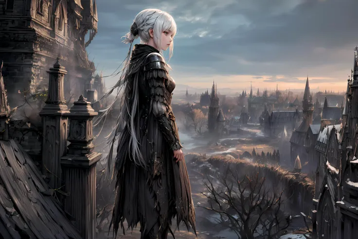 1 girl standing,wearing armour,cape,white hair,Bloodborne,scarlet eyes,intricate details,8k,(best quality),(hdr),(masterpiece:1.2),(hyperdetailed:1.2),(sharp focus),