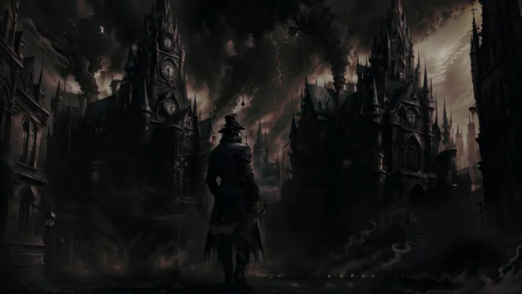 masterpiece, best quality, highly detailed, (8k), (4k), HDR, beautiful detailed face, perfect shadow, masterpiece, best quality, perfect hands, (1boy:1.3),gothic city,at night,in a black coat,cocked hat,long hair,(smoke clouds:1.2), (middle-aged man:1.2),(full body:1.2), <lora:Bloodborne:0.5> ,Bloodborne, (leaning back against the wall:1.2),worth,(arms crossed:1.2),panorama, city streets,black glasses, cuts, blood, <lora:Cuts V1:0.4>, gothicpunkai, <lora:GothicPunkAI:0.6>,horror \(theme\),