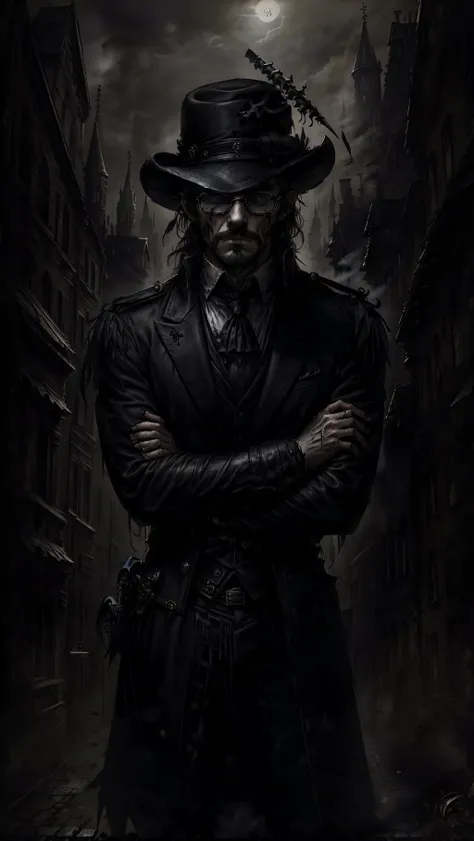 masterpiece, best quality, highly detailed, (8k), (4k), HDR, beautiful detailed face, perfect shadow, masterpiece, best quality, perfect hands, (1boy:1.3),gothic city,at night,in a black coat,cocked hat with a feather,long hair,smoke clouds, (middle-aged man:1.2),(full body:1.2), <lora:Bloodborne:0.5> ,Bloodborne, (leaning back against the wall:1.2),worth,(arms crossed:1.2),blindfold,panorama, city streets,black glasses, cuts, blood, <lora:Cuts V1:0.4>, gothicpunkai, <lora:GothicPunkAI:0.6>,horror \(theme\),