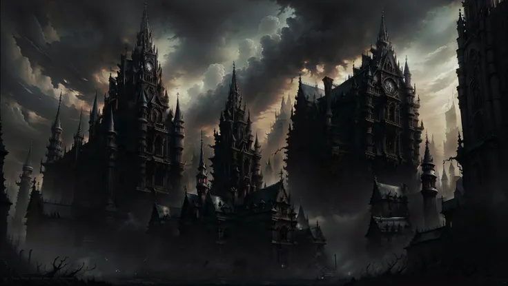 masterpiece, best quality, highly detailed, (8k), (4k), HDR, perfect shadow, masterpiece, best quality,gothic city,night,(smoke clouds:1.2), <lora:Bloodborne:0.5> ,Bloodborne, (city streets:1.2),blood, <lora:Cuts V1:0.4>, gothicpunkai, <lora:GothicPunkAI:0.5>,horror \(theme\), (from below:1.3),