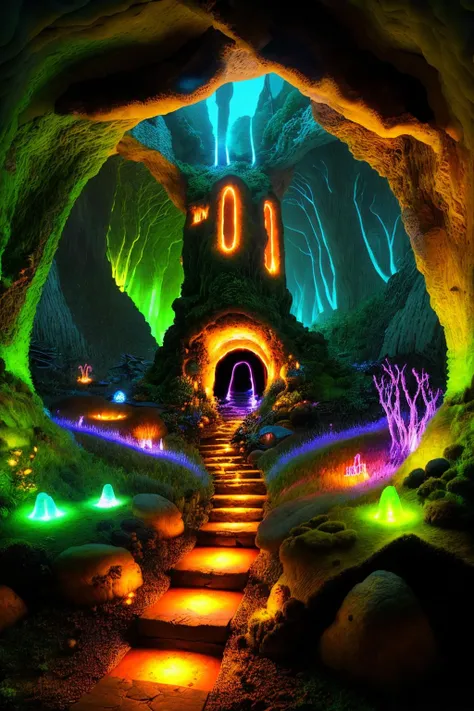 Enigmatic cave illuminated by bioluminescent fungi, landscape:0.6, fantasy:0.7, mysterious ambiance:0.6, underground wonder:0.5. , wallpaper_X