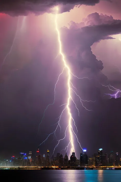 Energetic lightning storm over a city skyline, urban:0.6, dramatic weather:0.7, electrifying scene:0.6, dynamic energy:0.5. , wallpaper_X