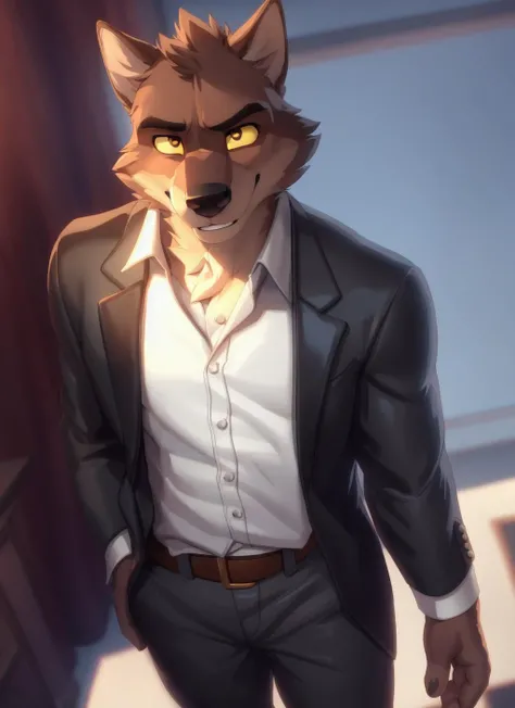 <lora:mr_wolf-09:0.9>, mr wolf, solo, shirt, long sleeves, standing, white jacket, white shirt, male focus, open clothes, collared shirt, belt, pants, open jacket, formal, suit, brown jacket, shirt tucked in, brown belt, body fur, grey pants, brown pants, yellow sclera, two-tone fur, by zackarry911, by zaush, (by personalami:0.5), (soft shading), 4k, hi res, detailed eyes, high angle view