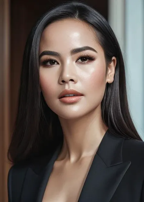 (masterpiece), (wide angle portrait), (photorealistic:1.2), 1woman, urassaya, (wear black suit), elegant hair, face focus, realistic skin texture, vivid lighting, detailed face <lora:isnot.urassaya:0.8>, <lora:add_detail:0.1> human skin texture