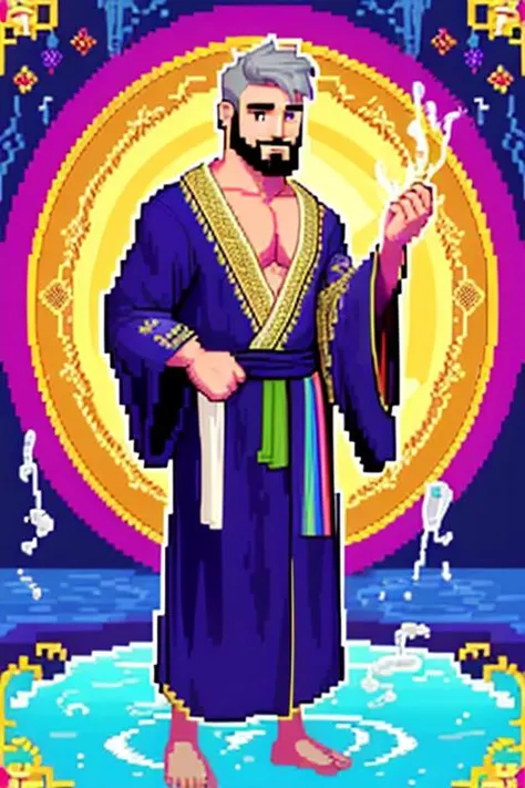 (handsome wizard), (flowing robes:1.22), looking at viewer, short hair, facial hair, (standing on water), (swirling water:1.25), (muscular), pecs,mist, grey hair, horizon,magical vibes, male focus, (embroidered rainbow robes:1.2), (ornate robes:1.2), (pixelated, pixelart)