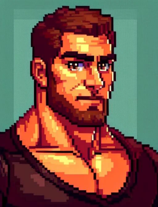 (1man),face portrait, muscular, brown eyes, casual clothes, handsome, (intricate details, Masterpiece, high quality, best quality), <lora:stareye_v2:1>, pixelart