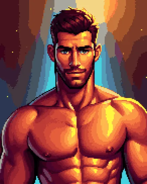 medium full shot. handsome shirtless man, digital painting