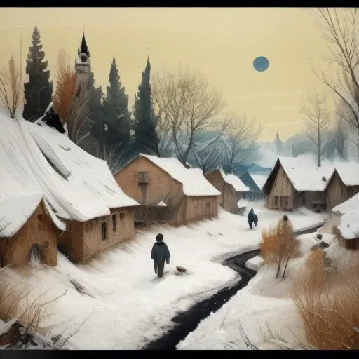 a beautiful winter landscape, Style by Peter Bruegel+Anton Pieck+Ferdinand Knab+Franz Marc+Eugene Galien-Laloue, gouache, watercolor, delicate pencil line art, perfect composition, trending on artstatio