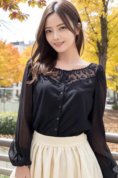 1girl,(wearing a blouse and long skirt:1.2),(RAW photo, best quality), (realistic, photo-realistic:1.4), masterpiece, an extremely delicate and beautiful, extremely detailed, 2k wallpaper, Amazing, finely detail, extremely detailed CG unity 8k wallpaper, ultra-detailed, highres, soft light, beautiful detailed girl, extremely detailed eyes and face, beautiful detailed nose, beautiful detailed eyes,cinematic lighting,autumn scenery,perfect anatomy,slender body,smiling <lora:arayahimeka_lora:0.8>