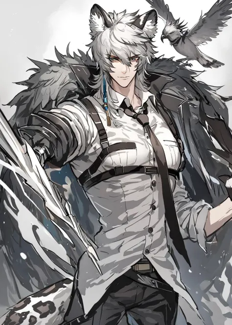 <lora:SilverAsh:1>,The image depicts a male animated character with silver hair and striking features. He wears a white shirt with a black tie and has animal ears,resembling those of a wolf or a fox. He wields a glowing blue sword in his right hand and has a black glove on his left. The character's hair is styled in a messy manner,and he has a determined look in his eyes. The background suggests a fantasy setting with elements of dark shadows and a bird silhouette.,, masterpiece, best quality,