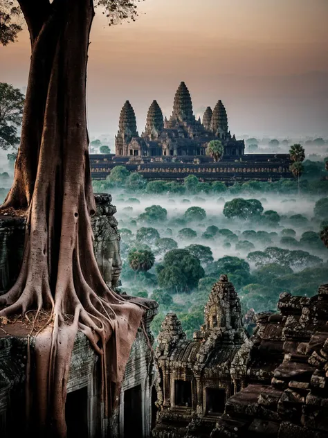 landscape, a monk in front of candijateng prambanan at dawn, epic, fog, temple stone, ornament, ornate, details, forest, dim light, mountain, <lora:ARWCandiJateng:1>, advntr, <lora:epi_noiseoffset2:1>