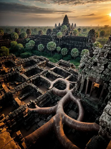 langscape of angkorwat at dawn, monk, ruins, temple, statue, most, tree, root, stone, epic, dim light <lora:ARWangkorwat:1>, <lora:add_detail:0.5>