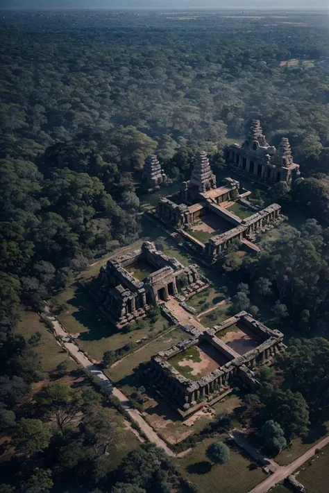 from above, langscape of angkorwat at dawn, monk, ruins, temple, statue, most, tree, root, stone, epic, dim light, realistic, details, ornament, <lora:ARWangkorwat:1> advntr