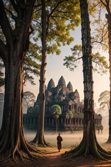 langscape of angkorwat at dawn, monk, ruins, statue, most, tree, root, stone, epic, dim light <lora:ARWangkorwat:1>