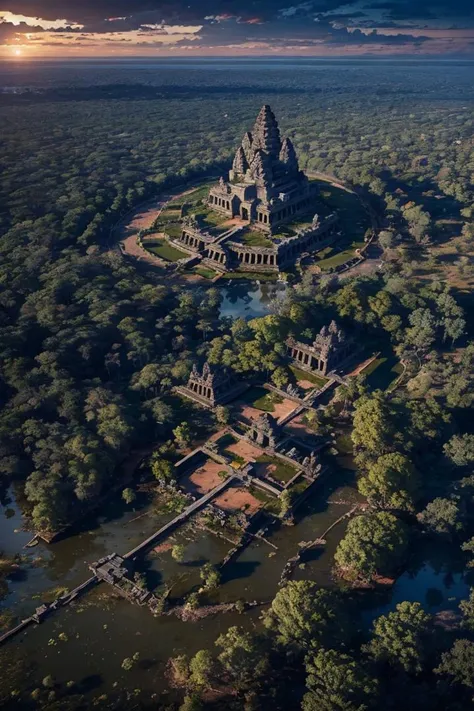 from above, langscape of angkorwat at dawn, monk, ruins, temple, statue, most, tree, root, stone, epic, dim light, realistic, details, ornament, <lora:ARWangkorwat:1> advntr