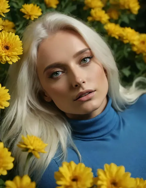 In this evocative scene, Sophie Lloyd, a talented subject with award-winning photography skills, captures herself lying effortlessly in a vivid yellow flowerbed adorned with white hair, her skin glowing in the dynamic lighting of a cinematic still. With her piercing eyes gazing intently at the camera lens, she wears an alluring blue turtleneck, adding depth and contrast to the photograph as the 100mm f/2.8 macro lens captures every minute detail from the intricate skin texture to the lively hair swirls. As time seems to stand still in this remarkable portrait, Sophie's dynamic pose is a testament to her creativity and artistry, cementing her status as a renowned photographer of exquisite beauty and timeless compositions. <lora:swonxm18e0adee5c5p131:1>