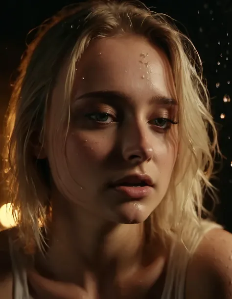 In a vivid and evocative scene, Sophie Lloyd captures an ethereal moment of 1 girl, seemingly lost in the depths of her thoughts, as droplets from a wet t-shirt splash with delicate details, creating an exquisite masterpiece of best quality. The surreal, cinematic film still envelops Sophie's subject amid dramatic lighting and shadows, contrasted by a warm glow emanating from the low-fi, analog vignette, accentuated by bokeh effects and a high-budget production value. The vivid cinematography, achieved using kodak film, captures an epic, moody atmosphere with hints of cinema scope composition, complete with gorgeous details like detailed water drops, all seamlessly merging into a visually stunning, film grain textured tapestry that truly becomes an impressive work of art. <lora:jhsqnq18e0ad74a9fx117:1>