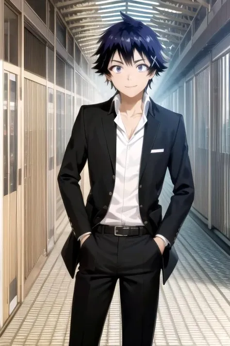 (extremely detailed CG unity 8k wallpaper), (masterpiece), (best quality), (ultra-detailed), (best illustration), (best shadow), (absurdres), 1boy, solo, <lora:raku:0.8>, ichijou raku, spiked hair, school uniform, pants, hallway, looking at viewer, smile, cowboy shot