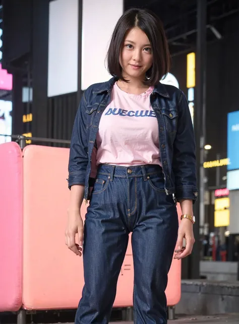 best quality, photorealistic, 8k, high res, 1girl, woman, (skindentation), (portrait:0.6), gorgeous, ((neon light, time square, cityscapebackground:1.65)), ((blue pants, denimjacket with pinktshirt inside:2)), straight-looking at viewer:1.8, (1girl eyes looking at viewer, short-length straighthair, black hair, partedhair:1.75), photorealistic, (bokeh), (smile:1.2), (closed mouth:0.56), gorgeous, pureerosface_v1, <lora:AVID-china:0.75>