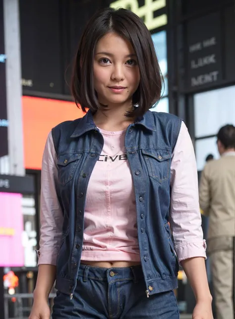 best quality, photorealistic, 8k, high res, 1girl, woman, (skindentation), (portrait:0.6), gorgeous, ((neon light, time square, cityscapebackground:1.65)), ((blue pants, denimjacket with pinktshirt inside:2)), straight-looking at viewer:1.8, (1girl eyes looking at viewer, short-length straighthair, black hair, partedhair:1.75), photorealistic, (bokeh), (smile:1.2), (closed mouth:0.56), gorgeous, pureerosface_v1, <lora:AVID-china:0.75>