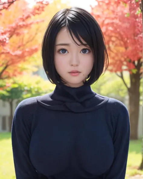 pureerosface_v1, best quality, photorealistic, 8k, high res, full color, 1girl, woman, 20 years old woman, (closed mouth:1.2), (skindentation), (portrait:0.6), trees, park bench, daylight, ((park background:1.52)), full color, ((necksweater:1.68)), straight-looking at viewer:1.8, (1girl eyes looking at viewer:1.55), (short-length hair, blackhair, partedhair:1.45), (bokeh), <lora:AAV-china:0.7>