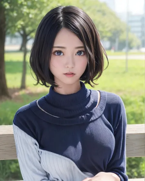 pureerosface_v1, best quality, photorealistic, 8k, high res, full color, 1girl, woman, 20 years old woman, (closed mouth:1.2), (skindentation), (portrait:0.6), trees, park bench, daylight, ((park background:1.52)), full color, ((necksweater:1.68)), straight-looking at viewer:1.8, (1girl eyes looking at viewer:1.55), (short-length hair, blackhair, partedhair:1.45), (bokeh), <lora:AAV-china:0.7>