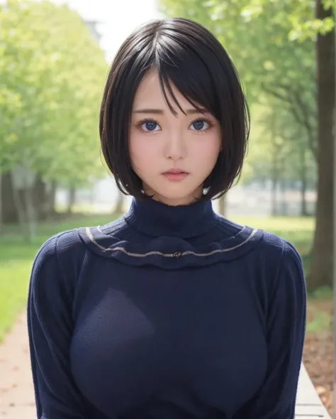 pureerosface_v1, best quality, photorealistic, 8k, high res, full color, 1girl, woman, 20 years old woman, (closed mouth:1.2), (skindentation), (portrait:0.6), trees, park bench, daylight, ((park background:1.52)), full color, ((necksweater:1.68)), straight-looking at viewer:1.8, (1girl eyes looking at viewer:1.55), (short-length hair, blackhair, partedhair:1.45), (bokeh), <lora:AAV-china:0.7>