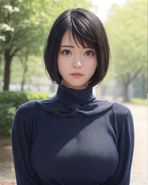 pureerosface_v1, best quality, photorealistic, 8k, high res, full color, 1girl, woman, 20 years old woman, (closed mouth:1.2), (skindentation), (portrait:0.6), trees, park bench, daylight, ((park background:1.52)), full color, ((necksweater:1.68)), straight-looking at viewer:1.8, (1girl eyes looking at viewer:1.55), (short-length hair, blackhair, partedhair:1.45), (bokeh), <lora:AAV-china:0.7>