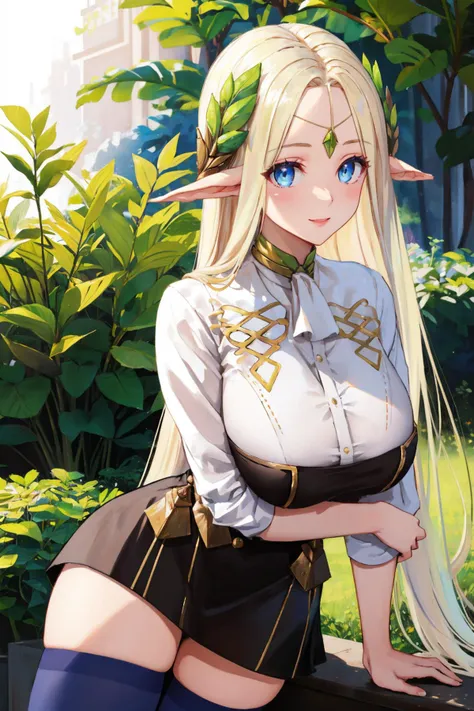 masterpiece, best quality,  <lora:cerestia-lo-richy-v1:1> cerestiadef, circlet, forehead jewel <lora:gmuniform2-nvwls-v1:1> gmuniform, blue thighhighs, huge breasts, garden, smile