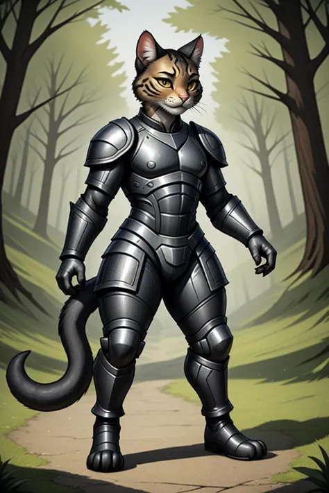 animal, cat, knight, standing, full armor, outdoors, boots