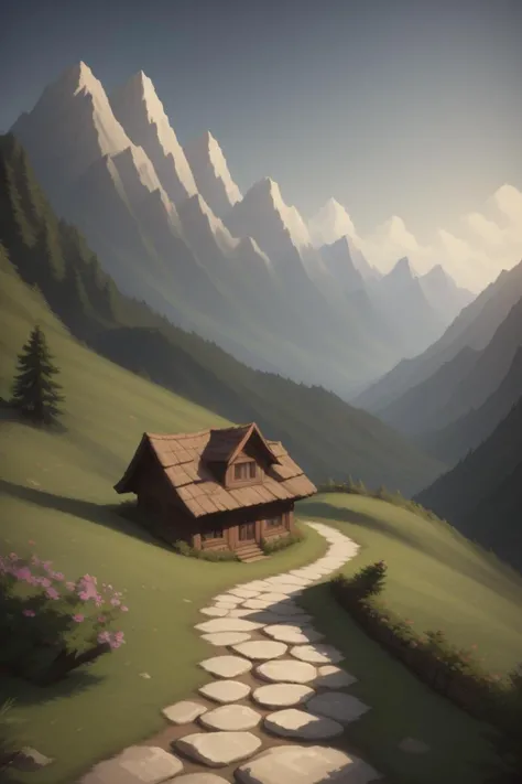 mountains, pathway, house on top of a hill