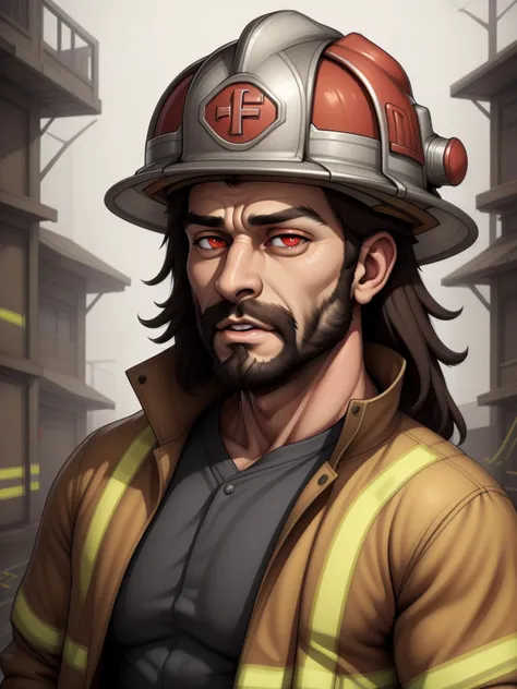 close-up, human man, firefighter, hat, firefighter helmet, firefighter coat, very long hair, red eyes, outdoors