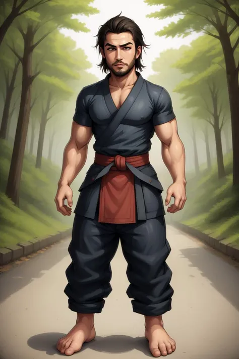 male, human man, samurai, clothing, katana, outdoors, pants, barefeet
