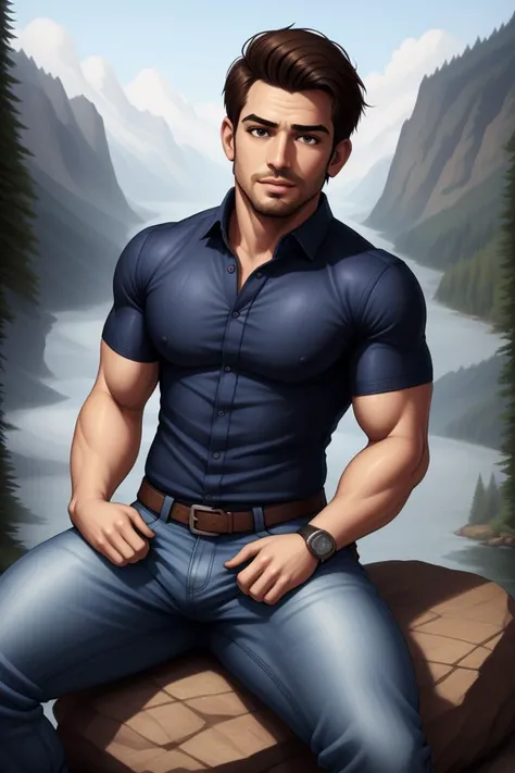 man sitting on a rock, masculine, clothing,