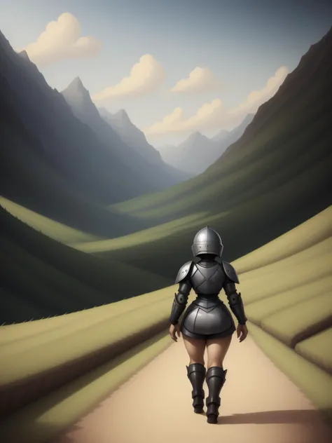 Detailed Refined Intricate Gradients, 1girl, knight, facing away, mountain path, wide shot, background, mountains,