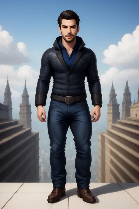 man standing on a tower, masculine, clothing, city