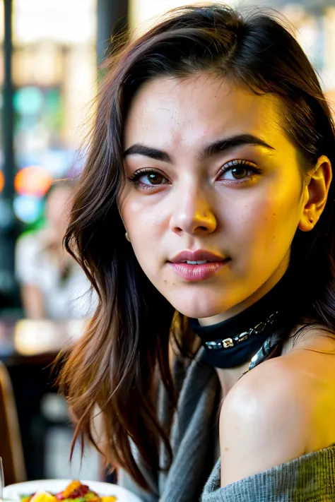 jessicaHen1 piercing eyes, looking straight, very happy,long hair, wearing an off-shoulder sweater, choker, closeup portrait, in a outdoor cafe in 2015, afternoon light