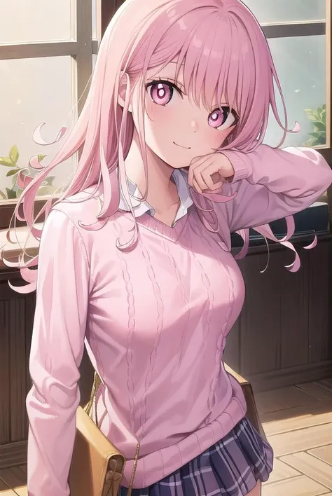 monakawai, <lora:mona kawai manga-lora-nochekaiser:1>,
mona kawai, long hair, pink hair, (pink eyes:1.5), (bright pupils:1.5), smile,
BREAK skirt, plaid, plaid skirt, sweater, long sleeves, shirt, (white shirt:1.5), collared shirt, (pink sweater:1.5),
BREAK indoors, classroom,
BREAK looking at viewer, (cowboy shot:1.5),
BREAK <lyco:GoodHands-beta2:1>, (masterpiece:1.2), best quality, high resolution, unity 8k wallpaper, (illustration:0.8), (beautiful detailed eyes:1.6), extremely detailed face, perfect lighting, extremely detailed CG, (perfect hands, perfect anatomy),