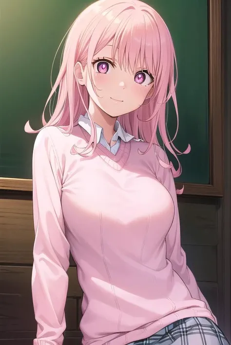 monakawai, <lora:mona kawai manga-lora-nochekaiser:1>,
mona kawai, long hair, pink hair, (pink eyes:1.5), (bright pupils:1.5), smile,
BREAK skirt, plaid, plaid skirt, sweater, long sleeves, shirt, (white shirt:1.5), collared shirt, (pink sweater:1.5),
BREAK indoors, classroom,
BREAK looking at viewer, (cowboy shot:1.5),
BREAK <lyco:GoodHands-beta2:1>, (masterpiece:1.2), best quality, high resolution, unity 8k wallpaper, (illustration:0.8), (beautiful detailed eyes:1.6), extremely detailed face, perfect lighting, extremely detailed CG, (perfect hands, perfect anatomy),