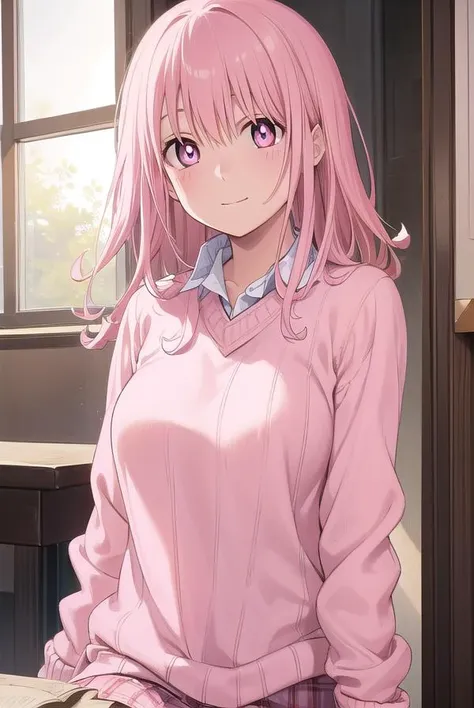 monakawai, <lora:mona kawai manga-lora-nochekaiser:1>,
mona kawai, long hair, pink hair, (pink eyes:1.5), (bright pupils:1.5), smile,
BREAK skirt, plaid, plaid skirt, sweater, long sleeves, shirt, (white shirt:1.5), collared shirt, (pink sweater:1.5),
BREAK indoors, classroom,
BREAK looking at viewer, (cowboy shot:1.5),
BREAK <lyco:GoodHands-beta2:1>, (masterpiece:1.2), best quality, high resolution, unity 8k wallpaper, (illustration:0.8), (beautiful detailed eyes:1.6), extremely detailed face, perfect lighting, extremely detailed CG, (perfect hands, perfect anatomy),