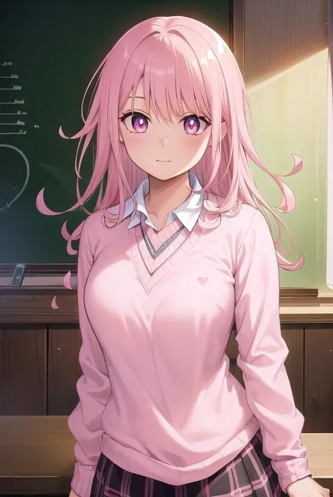 monakawai, <lora:mona kawai manga-lora-nochekaiser:1>,
mona kawai, long hair, pink hair, (pink eyes:1.5), (bright pupils:1.5), smile,
BREAK skirt, plaid, plaid skirt, sweater, long sleeves, shirt, (white shirt:1.5), collared shirt, (pink sweater:1.5),
BREAK indoors, classroom,
BREAK looking at viewer, (cowboy shot:1.5),
BREAK <lyco:GoodHands-beta2:1>, (masterpiece:1.2), best quality, high resolution, unity 8k wallpaper, (illustration:0.8), (beautiful detailed eyes:1.6), extremely detailed face, perfect lighting, extremely detailed CG, (perfect hands, perfect anatomy),